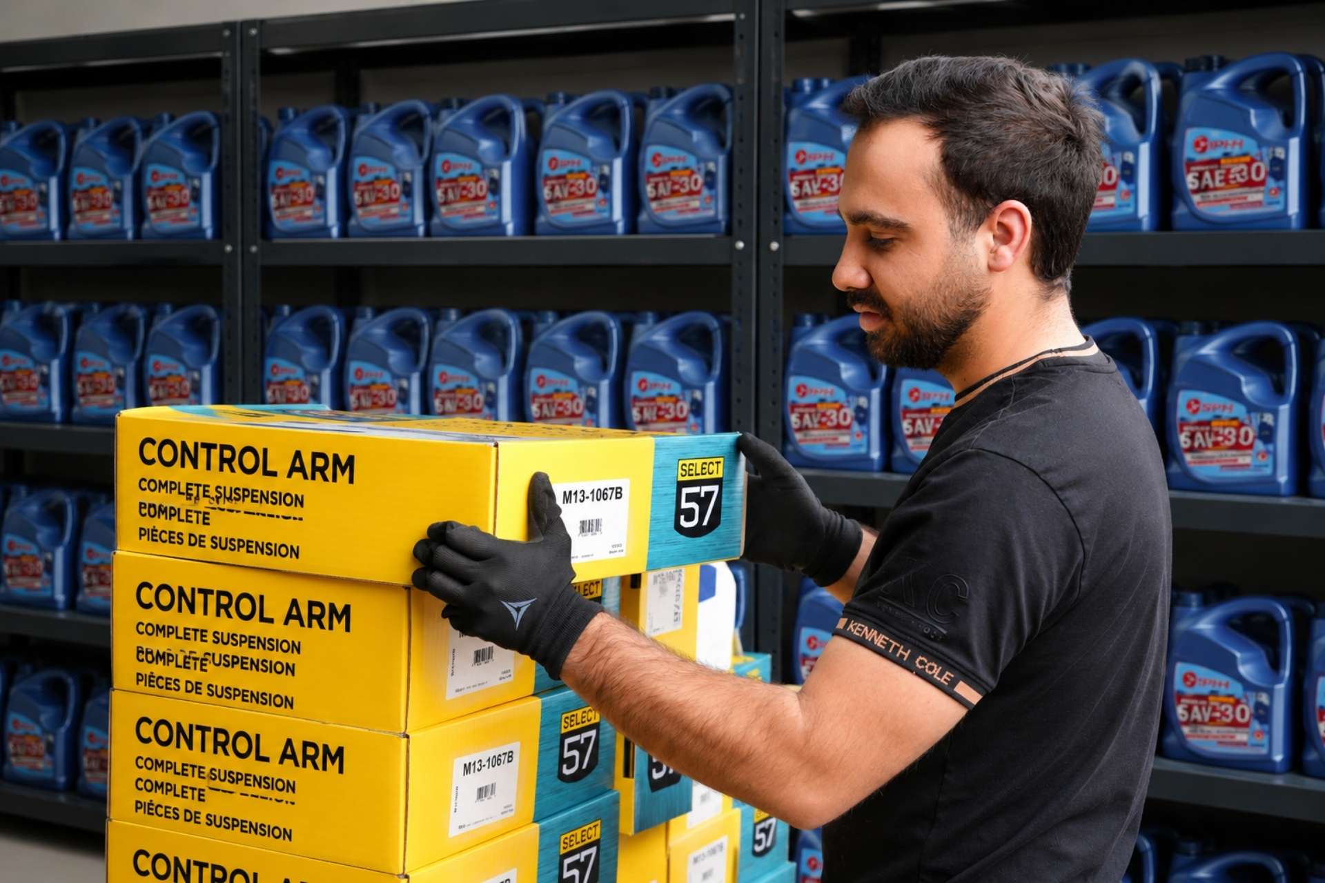 Fully stocked parts shelves inside the SPH Auto Parts warehouse